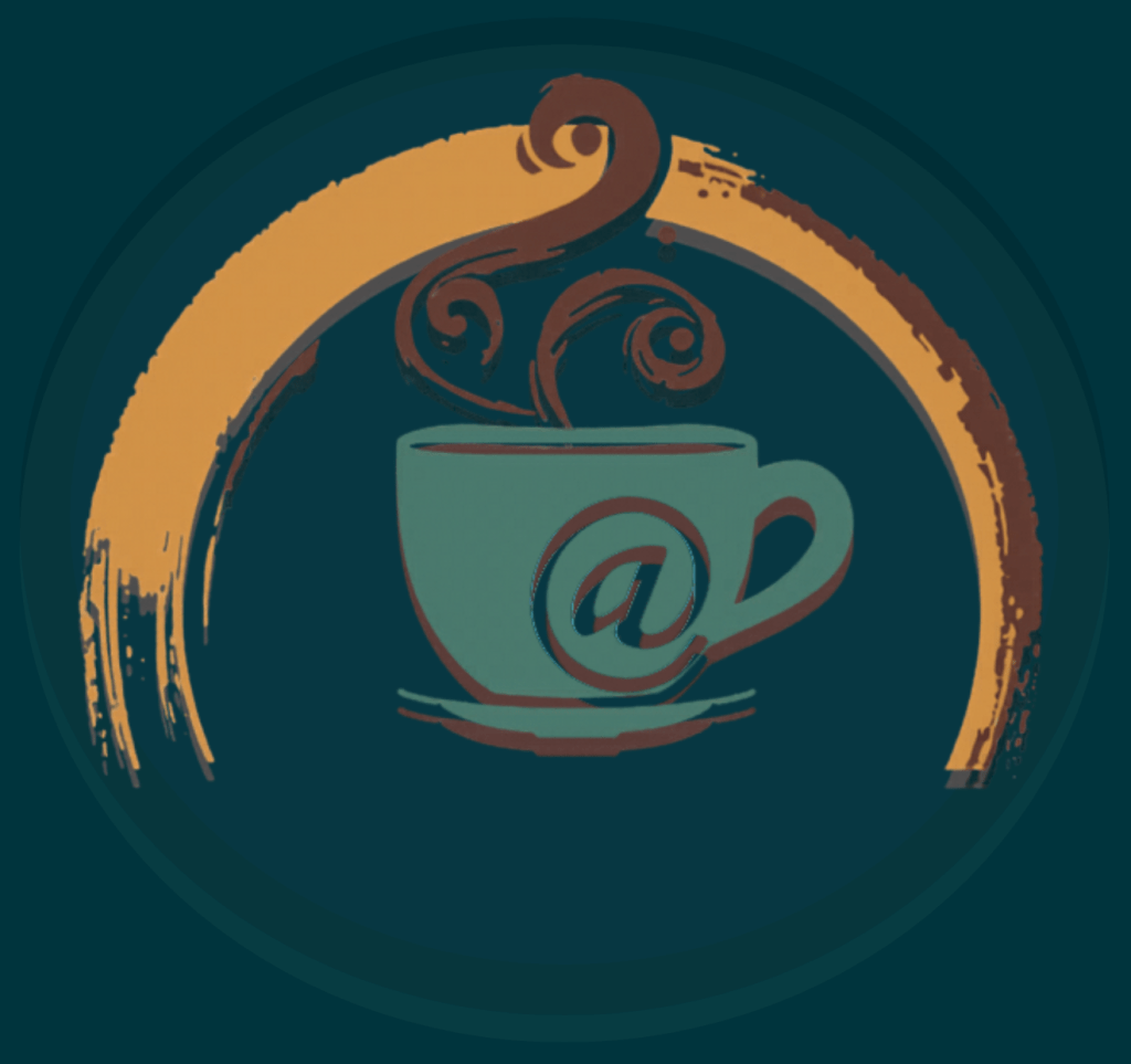 Coffeewriter logo teal background with light coffee cup and steam under a coffee rim stain